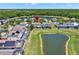 An aerial view shows a pond surrounded by homes with screened patios and private pools at 4739 Cumbrian Lakes Dr, Kissimmee, FL 34746