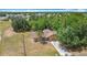 Aerial view of tan single-story home with a palm tree in the front yard surrounded by lush green trees at 923 Gascony Ct, Kissimmee, FL 34759