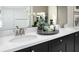 Elegant bathroom with double vanity, black cabinetry, quartz countertop, and framed mirror providing ample space at 1066 Cloud Ridge Ct, Mount Dora, FL 32757