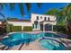 Beautiful backyard featuring a large pool, a hot tub, a covered patio, lush tropical landscaping, and a privacy fence at 1116 Oak Pond Dr, Celebration, FL 34747