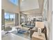 Bright and airy living room featuring modern furnishings, tile floors, and a view of the open-concept kitchen at 7740 Sandy Ridge Dr # 236, Reunion, FL 34747