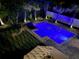 Aerial night view of the swimming pool surrounded by palm trees and a lounge chair at 14963 Yorkshire Run Dr, Orlando, FL 32828