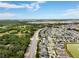 Aerial view of a neighborhood with green spaces, houses with gray roofs, and streets under a clear blue sky at 3084 Slough Creek Dr, Kissimmee, FL 34744