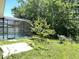 Backyard featuring a screened pool, lush landscaping, and a view of the surrounding greenery at 671 Carey Way, Orlando, FL 32825
