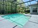 View of a screened-in pool with a lush green wooded area beyond at 671 Carey Way, Orlando, FL 32825