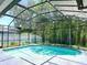 A clean screened-in pool sparkles in the sun, surrounded by a gray deck and tall, shady trees at 671 Carey Way, Orlando, FL 32825
