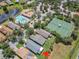 Aerial view showcasing the home's proximity to community amenities including a pool and tennis courts at 112 Grand Canal Dr, Poinciana, FL 34759
