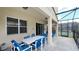 Spacious covered patio with dining table, chairs, and access to the screened pool area at 6041 Broad Oak Dr, Davenport, FL 33837