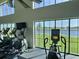 Modern gym with state-of-the-art equipment and scenic views of the lake and fountain at 703 Ocean Course Ave, Davenport, FL 33896