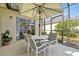 A screened patio with seating and an umbrella, perfect for enjoying the outdoors at 7807 Turkey Oak Ln, Kissimmee, FL 34747