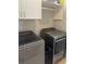A modern laundry room featuring a gray washer and dryer, complemented by white cabinets and shelving at 9938 Eagle Creek Center Blvd, Orlando, FL 32832