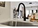 Close-up of a stylish kitchen sink with a modern faucet, soap dispensers, and a view into the living area at 1050 Dees Dr, Oviedo, FL 32765