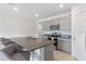 Bright kitchen showcasing granite countertops, gray cabinetry, stainless steel appliances, and a large island with barstool seating at 1828 Buckeye Rd, Davenport, FL 33837