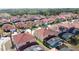 Wide aerial shot of a neighborhood featuring homes with screened pools and terracotta tile roofs at 219 Rosso Dr, Davenport, FL 33837