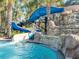 A waterslide and waterfall cascade into a pool, surrounded by lush palm trees in a community water park at 7184 Oakmoss Loop, Davenport, FL 33837