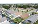 Overhead view of a residential area featuring homes with backyard pools enclosed by screen and manicured lawns at 8019 Indian Creek Blvd, Kissimmee, FL 34747