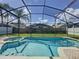 Sparkling swimming pool and spa enclosed in a screened lanai with lush green yard at 8019 Indian Creek Blvd, Kissimmee, FL 34747