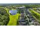 Community aerial view showcasing houses near a pond with lush landscaping and green spaces at 3138 Dark Sky Dr, St Cloud, FL 34773