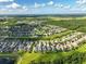 Wide aerial shot of a community showcasing single Gathering homes, a pond, and lush greenery under a bright sky at 3138 Dark Sky Dr, St Cloud, FL 34773