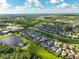 Vibrant aerial view of a residential community with lake, mature trees, and green spaces beneath a sunny sky at 3138 Dark Sky Dr, St Cloud, FL 34773