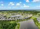Scenic aerial view of a community featuring homes nestled among lakes and lush greenery, offering a tranquil lifestyle at 3428 Sagebrush St, St Cloud, FL 34773