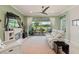 Bright living room featuring a decorative fireplace, sliding glass doors to the lanai with a view of a serene lake at 3428 Sagebrush St, St Cloud, FL 34773