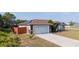Aerial view showcasing the home's solar panels, two-car garage, and fenced backyard at 402 Ohio Way, Kissimmee, FL 34759
