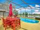 Relaxing screened-in pool area with dining table and a view of the golf course at 550 Canary Island Cir, Davenport, FL 33837