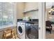 Laundry room with front loading washer and dryer, storage space, and natural light at 7550 Gathering Dr, Reunion, FL 34747