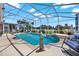 Beautiful screened-in pool with a clear blue water, elegant statues, comfortable lounge chairs, and lush landscaping at 1560 The Oaks Blvd, Kissimmee, FL 34746