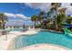 Stunning pool area with a waterslide, tables with umbrellas, and a panoramic view of the surrounding landscape at 3575 Landing Net Dr, Kissimmee, FL 34746