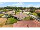 Lovely aerial view showcases the home's manicured lawn, screened patio, and mature trees at 3881 Shoreside Dr, Kissimmee, FL 34746