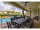 Covered patio with large dining table, view of the pool and backyard play area at 420 Burma St, Kissimmee, FL 34747