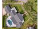 Aerial view of a meticulously landscaped home with a backyard pool and patio at 423 Arbor Cir, Celebration, FL 34747