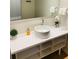 Bright bathroom featuring a round vessel sink, open storage vanity, and large mirror at 5245 W Irlo Bronson Memorial Hwy # 148, Kissimmee, FL 34746