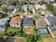 An aerial view showcases the backyard and surrounding neighborhood featuring manicured lawns and mature trees at 5768 Los Palma Vista Dr, Orlando, FL 32837