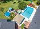 Aerial view of a pool and backyard patio with umbrellas and an outdoor seating area at 6464 Timberwind Pl, Orlando, FL 32818
