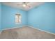 Bedroom featuring plush carpet, a ceiling fan, and a bright blue accent wall at 14160 Dove Hollow Dr, Orlando, FL 32824
