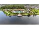 Gorgeous aerial panorama showcasing the community's pool, amenities, and the tranquil lake that borders the neighborhood at 2702 Giardino Loop, Kissimmee, FL 34741