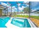 The screened in back porch features a heated spa, and a view of the manicured lawn at 4301 Mohawk Ct, St Cloud, FL 34772