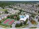 Aerial view of the community showcasing the pool, tennis courts, clubhouse, and surrounding residential buildings in a green landscape at 2322 Silver Palm Dr, Kissimmee, FL 34747