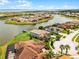 Stunning aerial view of waterfront homes in a picturesque community with lush green landscaping and beautiful water views at 1110 Terralago Way, Kissimmee, FL 34746