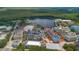 Aerial view of the town showcasing waterways, town buildings, parking, and lots of green trees at 121 Longview Ave, Celebration, FL 34747
