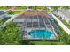 Aerial view of a screened-in pool and outdoor patio area, surrounded by a well-maintained backyard at 454 Eagle Dr, Kissimmee, FL 34759