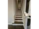 Carpeted staircase with white railing in a home with modern design and neutral colors at 7673 Ripplepointe Way, Windermere, FL 34786