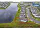 Aerial view of home with waterfront backyard and lush landscaping at 10364 Shive Island Ct, Orlando, FL 32827