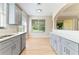 Bright kitchen with gray cabinets, stainless steel appliances, and view to the outside at 1746 Golfview Dr, Kissimmee, FL 34746