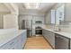 Modern kitchen with gray cabinets, stainless steel appliances, and a long breakfast bar at 1746 Golfview Dr, Kissimmee, FL 34746