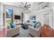 Bright living room with a soaring ceiling, wood floors, and contemporary furniture at 3203 Herons Point Cir, Kissimmee, FL 34741