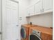 Functional laundry room featuring a white door, cabinets, and modern washer and dryer at 517 Milano Rd, Poinciana, FL 34759
